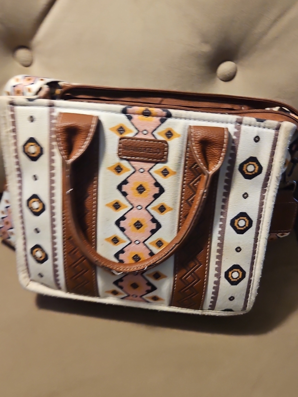 Aztec-Print Brown & Cream Satchel with Pink Accents